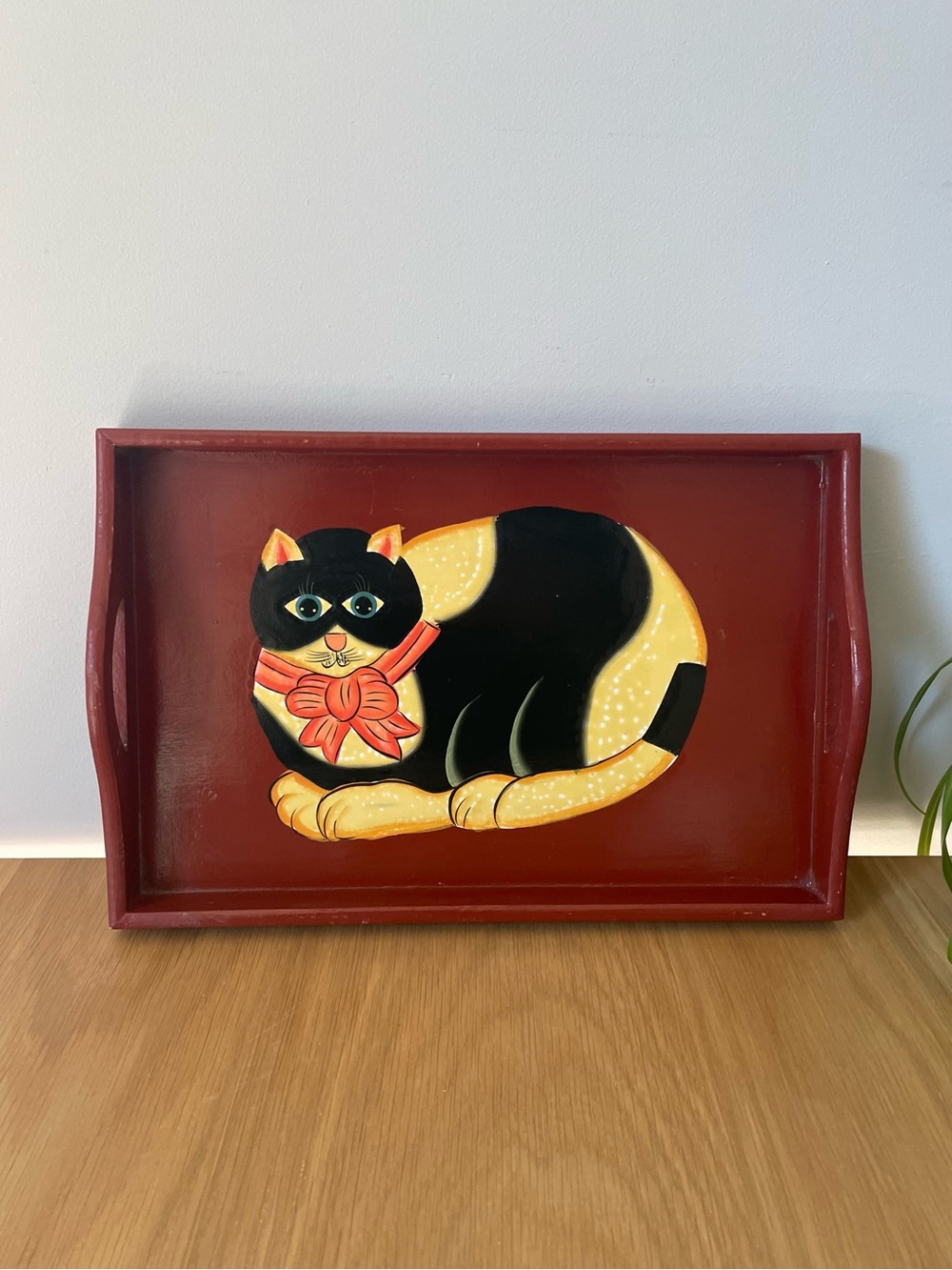 Vintage Hand-Painted Folk Art Cat Serving Tray